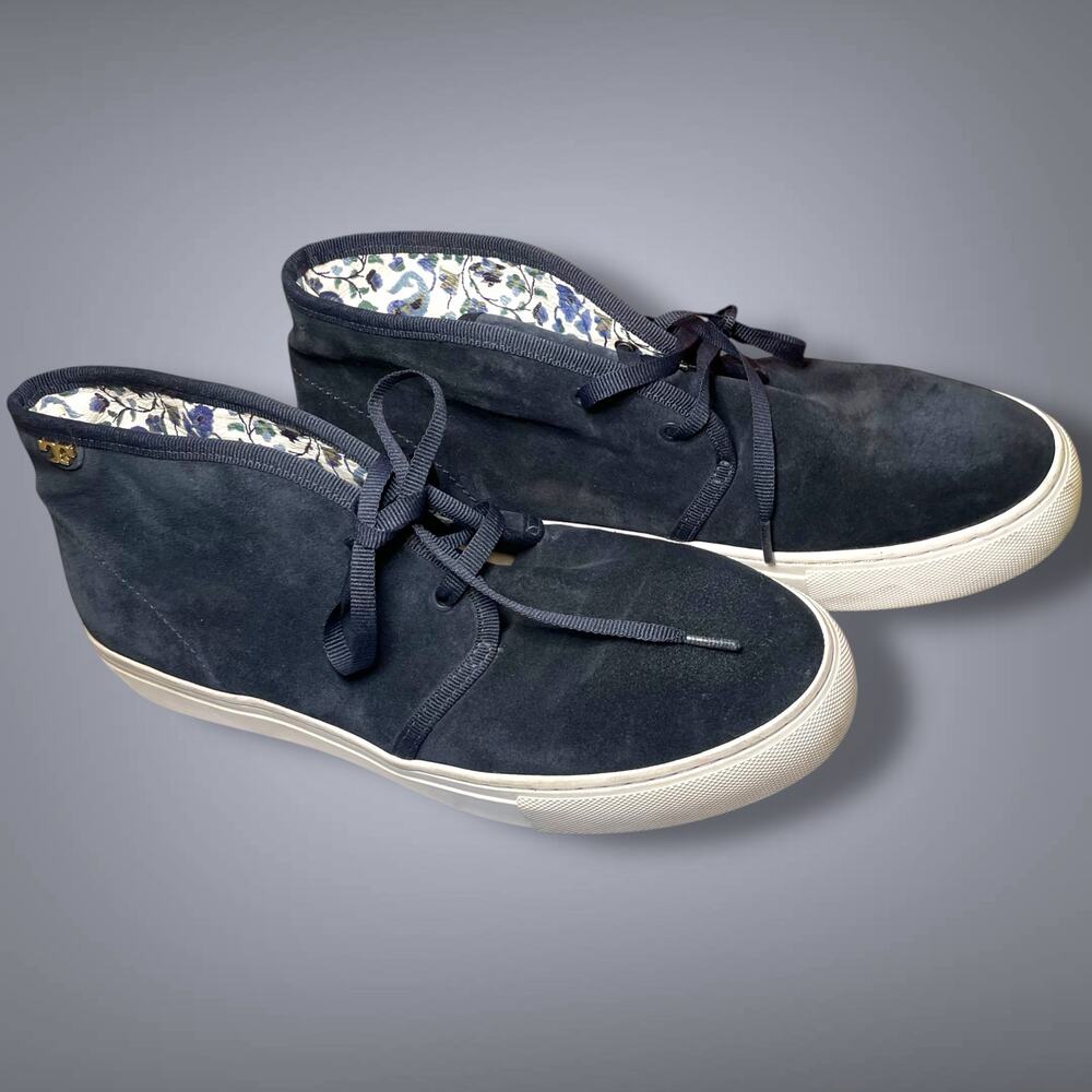 Women's 9.5 TORY BURCH Blue Suede Cozy Slipper Boots Paisley Lining Rubber Sole